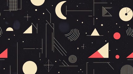 Abstract geometric seamless pattern with celestial elements on dark background.