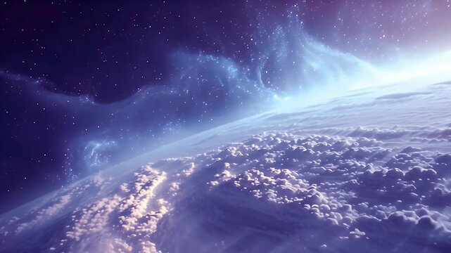 Stunning Aerial Earth Space View Cloudscape Nebula Cosmic Sunrise Atmosphere Planet Light Rays Celestial Background 4 K Ultra H D Timelapse Dramatic Fantasy Sci Fi Movie V F X Animation
