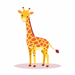 Obraz premium A charming cartoon illustration of a friendly giraffe with distinctive orange and yellow patterned fur, standing on a light pink circular base against a white background.