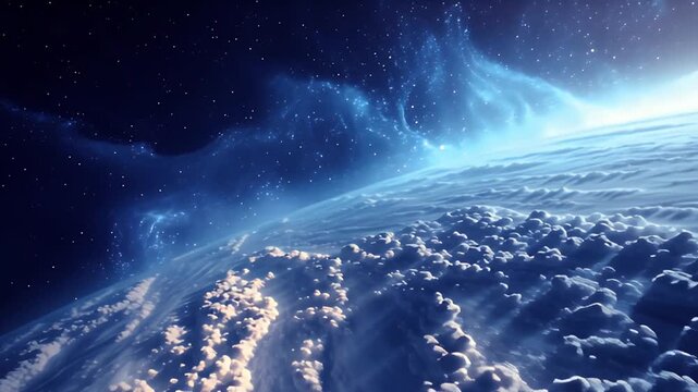 Stunning Aerial Planet Earth Cloudscape Space Nebula Cosmic Blue Fantasy 4 K Ultra H D Timelapse Celestial Atmosphere Galactic Sunrise Dramatic Light Beams Starry Night Sky Background Animation V F
