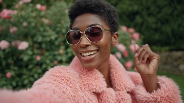 Smiling person in pink coat, joyfully posing in garden with blooming roses, capturing a vibrant and cheerful moment, symbolizing self-expression and spring energy