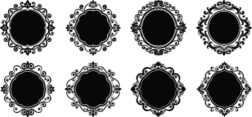 Vector art of collection of eight ornate black decorative frames and borders, vintage design elements