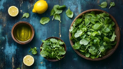 Obraz premium Fresh spinach leaves are arranged in wooden bowls with lemon and olive oil on a textured blue background, perfect for a healthy salad preparation scene.