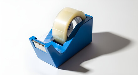 Blue tape dispenser with clear tape roll for office supplies and packaging materials on white background at isolated  white background