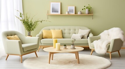 Fototapeta premium Scandinavian-style living room with light sage green walls, a pale sunflower-yellow fabric loveseat, a light wooden coffee table, and a soft white faux fur rug.