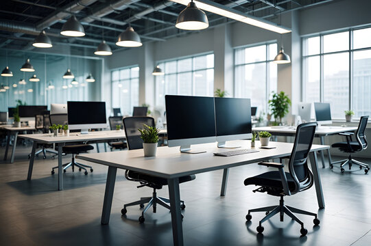 Contemporary open office workspace with minimalist design, natural light, and collaborative furniture layout