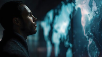 A man closely examining a global market map on a large display