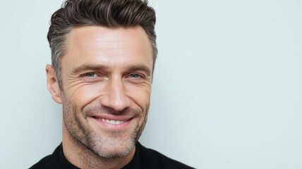 Man smiling confidently showcasing his skills in male cosmetology with a clean background