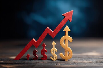 Wooden red rising arrow overlaying increasing dollar signs, against a dark blue blurred background