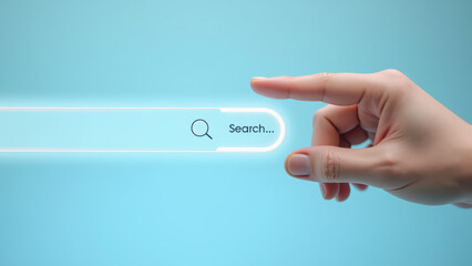 Hand gently touches glowing search bar with magnifying glass icon, set against soft blue background, evoking sense of curiosity and exploration