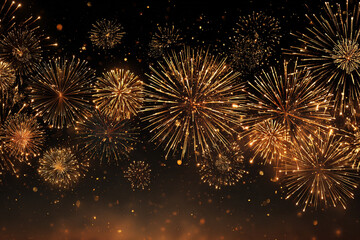 Golden fireworks display exploding in the night sky creating a spectacular light show