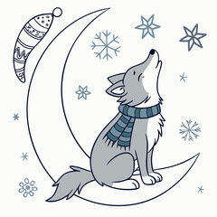 Vector illustration of a Curious Wolf with sitting on a moon, styled in a Cozy winter theme using Frosty Winter colors