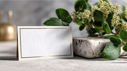 A blank card beside green foliage and a stone. Ideal for wedding invitations, event stationery, and nature - inspired greeting card designs.