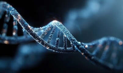 A macro image of a DNA double helix structure against a dark background, used for decorative and promotional materials in biology, medical research, genetic engineering, and other related areas.