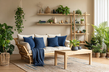 Cozy living room with beige sofa blue pillows wooden shelves and many plants