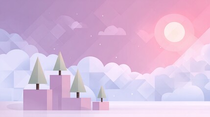Geometric landscape with pastel sky, clouds, trees, and pink ground