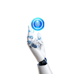 Robot hand pointing at icon isolated on transparent or white background, png