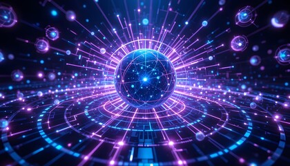 Futuristic Quantum Particles Digital Visualization with Neon Lights