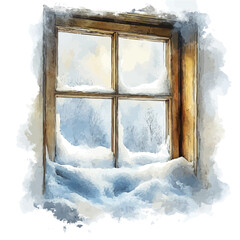 Snow-covered Cabin Window, watercolor clipart vector, isolated on a white background.