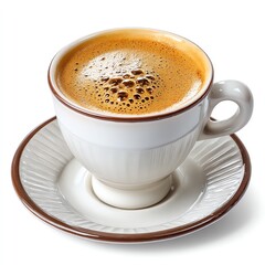 Freshly brewed coffee in a white cup with a rich, aromatic frothy surface.
