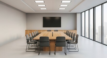Modern Conference Room with Large Windows, Wooden Table, and Gra