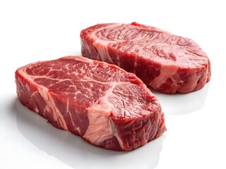 Fototapeta premium Two raw beef steaks with marbling and fat on a white studio background meat red meat