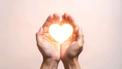 Obraz premium Open hands holding glowing heart illustration with pastel background for charity and kindness concept