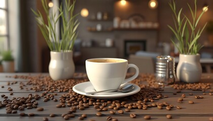 Warm coffee cup on a wooden table with scattered beans and greenery in a cozy cafe setting during the afternoon Generative AI
