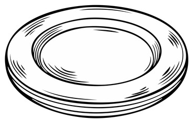 Classic empty dinner plate in a black and white vintage woodcut style illustration
