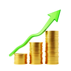 Green arrow showing upward trend over stacked gold coins isolated on transparent background