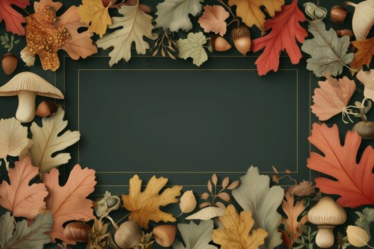 Autumn leave frame poster with empty space, maple and oak leaves, mushrooms and acorns forming rich border, cozy autumn colors with realistic details on dark green background for text with sale banner