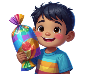 Cute Cartoon Wrapped Candy with Smiling Face, isolated on transparent background