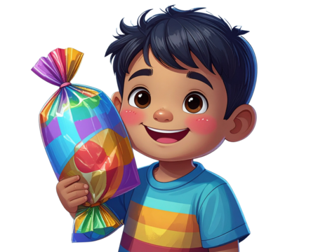 Cute Cartoon Wrapped Candy with Smiling Face, isolated on transparent background