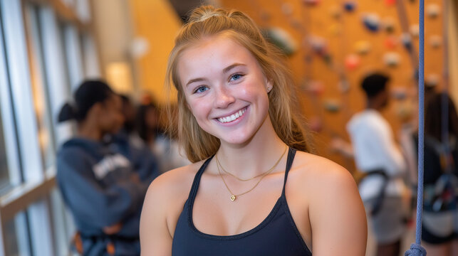 A freshman tries rock climbing at a campus gym with ropes taut chalk dust floating and friends cheering below captured in a thrilling photo with grip marks rope fibers and