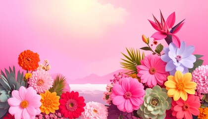 Multi-colored flower wall background. beautiful floral background for greeting or postcard. toning.  full bloom showing nature artistry and beauty.