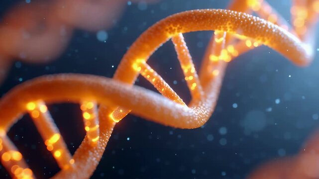 A close-up of a rotating orange dna helix with glowing particles. A futuristic concept of genetic research and medical innovation. Use for a science or technology promo