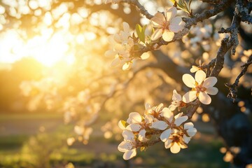 Fototapeta premium Beautiful Blossoming Tree Branch at Sunset, Bathed in Warm Golden Light, Showcasing Delicate White Flowers Against a Serene Natural Background