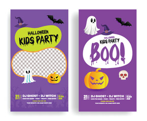 Modern Halloween Celebration Kids Trick or Treat Party Vertical Stories Banner Ads Template with Spooky Illustration Background for Social Media Event and Roll Up Signage Design