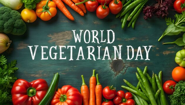 Celebrating World Vegetarian Day with a colorful arrangement of fresh vegetables on a rustic wooden table showcasing healthy eating and plant-based living Generative AI