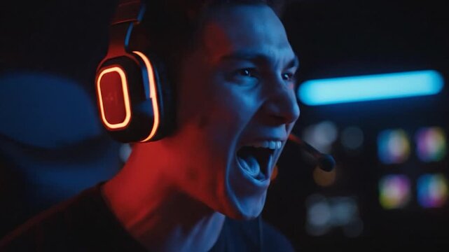 Cinematic Close-Up of an Enthusiastic Gamer with Headphones Reacting to a Video Game
