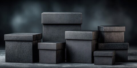 Multiple black boxes of various sizes stacked on a dark surface for a minimalist design