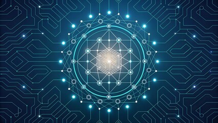 Abstract digital circuitry design with illuminated points and geometric patterns over a deep blue background