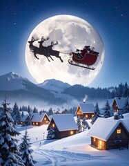 Santa Claus flying in his sleigh over the moon
