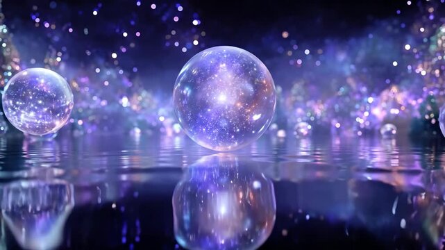 Stylized 3D Animation of Glowing Cosmic Orbs Reflecting on a Tranquil Fantasy Water Surface