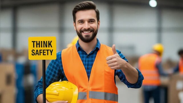 Smiling worker presenting think safety sign thumbs up