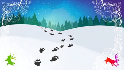 Snowy landscape with animal tracks leading to a distant mountain range under a starry night sky