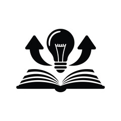 Open book with a lightbulb and upward arrows symbolizing knowledge and growth