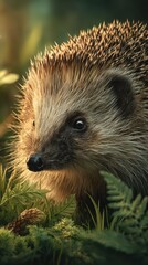 Hedgehog exploring a lush forest environment during the golden hour of sunset