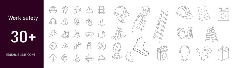 Work Safety icon set. Containing helmet, safety vest, gloves, goggles, first aid, hazard sign, extinguisher, emergency exit, barricade, checklist, and more. Editable line icons. Vector illustration