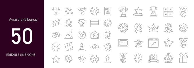 Award and bonuses icon set. Containing trophy, medal, ribbon, gift box, achievement star, winner badge, prize money, certificate, reward points, and more. Editable line icons